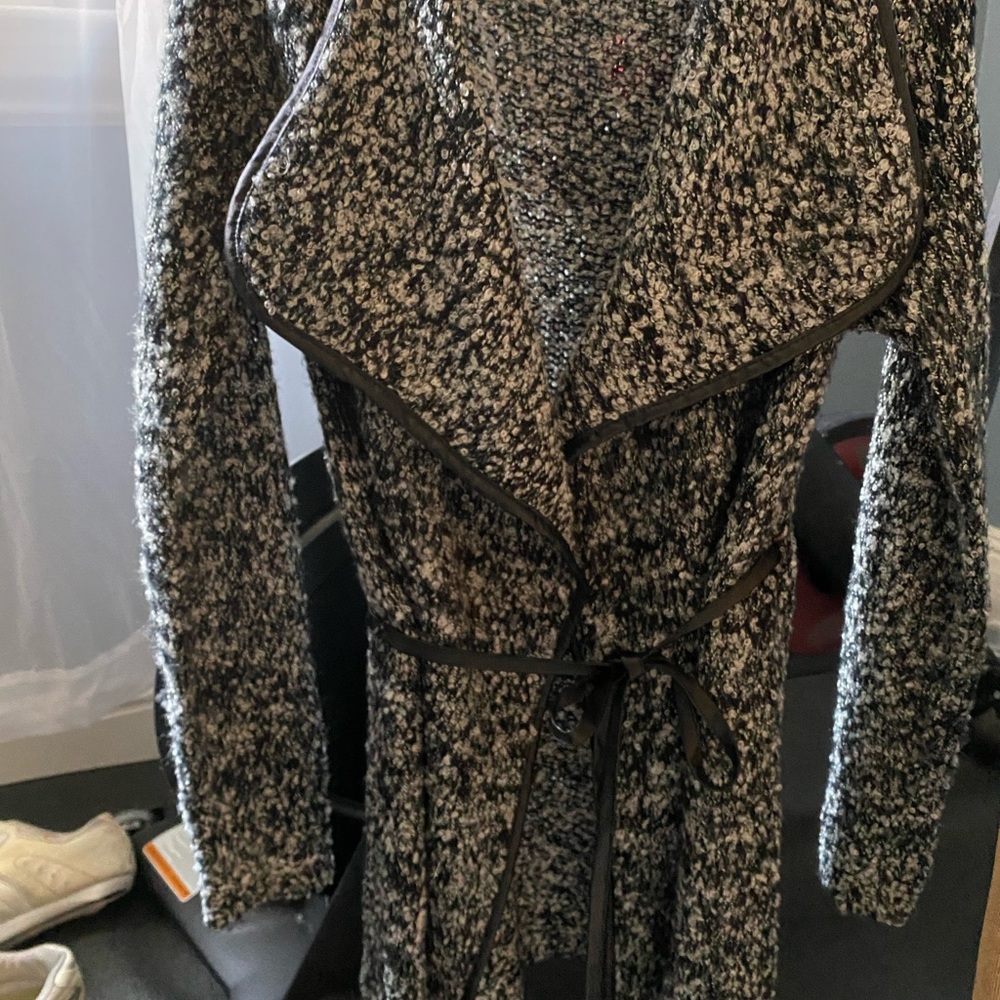 Sweater coat with faux leather belt